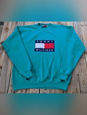 Tommy Hilfiger Teal Crewneck Sweatshirt with Flag Logo